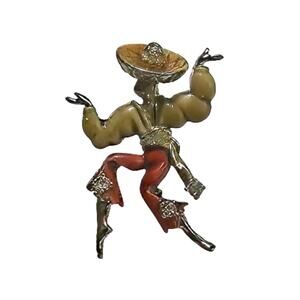 Vintage 1960s Enamel Sombrero Man Brooch, Rhinestone Accents